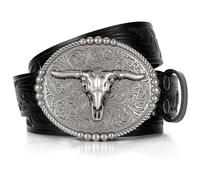 SANSTHS Cowboy Belts for Men Women, Western Leather Belt with Big Buckles Mexican Country Black Longhorn Bull Belt for Jeans, Black/Silver Bull Buckle, 47"-50" Wasit Adjustable