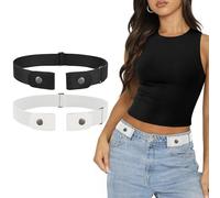 SANSTHS Ladies 2Pack Elasticated Belt No Buckle Stretch No Show Snake Invisible Buckless White Belt for Jeans Pants A Black White S