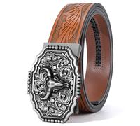 SANSTHS Ratchet Cowboy Belt, Western Ratchet Belts for Men Ratchet Western Belt with Automatic Cowboy Buckle, Silvery Bull/ Brown, 39"-45" Waist Adjustable