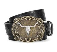 SANSTHS Western Cowboy Belt for Men and Women with Floral Engraving Longhorn Bull Buckle Suitable for Waist 29’’-47’’ Longhorn Black XXL