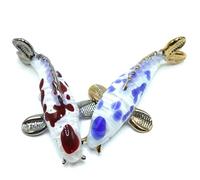 Sansukjai 2 Japanese Carp Koi Fish Miniature Figurines Animals Hand Blown Glass Art Collectible Gift Decorate (Gold Trim)