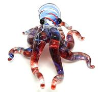 Sansukjai Octopus Miniature Figurines Animals Hand Blown Color Glass Art Collectible Gift Decorate 3.5" (Blue Red)