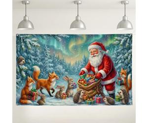 Santa and Forest Animals Winter Scene Claus Backdrop Banner 71x43 Inch