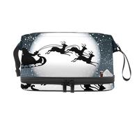 Santa and his Reindeer on Full Moon with Snowy Town Double Layer Cosmetic Bag for Women and Girls, Travel Toiletry Bag Makeup Handy Pouch Organiser Bag with Brush Compartment