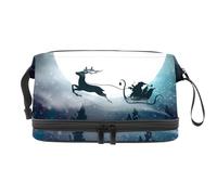 Santa and His Sleigh Deer in Night Fall Snow Forest Double Layer Cosmetic Bag for Women and Girls, Travel Toiletry Bag Makeup Handy Pouch Organiser Bag with Brush Compartment