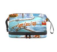 Santa and His Sleigh Winter Landscape Double Layer Cosmetic Bag for Women and Girls, Travel Toiletry Bag Makeup Handy Pouch Organiser Bag with Brush Compartment