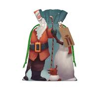 Santa and Snowman Printed Christmas Drawstring Bags Reusable Xmas Bag for Party Xmas Gift Wrapping, Green Ribbon, S