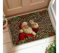 Santa Area Rug, Christmas Festive Holly Leopard Print Christmas Red Low Pile Aesthetic Doormat Rectangle Accents Rug Bathroom Doorway Entryway Bedside Decor 2' X 3'