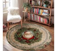 Santa Area Rug, Christmas Traditional Wreath Pine Christmas Red Low Pile Aesthetic Circle Home Doormat Accents Rug Bathroom Bedside Entryway Door Decor 4' X 4'