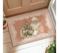 Santa Area Rug, Christmas Vintage Xmas Tree Flowers Peach Non-Slip Backing Doormat Rectangle Throw Rug Non Shedding Bathroom Laundry Room Kitchen Entryway Decor 2' X 3'