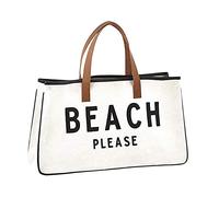 Santa Barbara Design Studio Hold Everything 100% Cotton Canvas Tote Bag with Leather Handles, 20" x 11", Beach Please Black and White