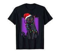 Santa Black Cat Christmas Tree Lights Animal Kitty Kitten T-Shirt