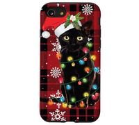 Santa Black Cat Tangled Up In Christmas Lights Holiday Plaid Case for iPhone SE (2020) / 7/8
