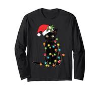 Santa Black Cat Tangled Up In Christmas Tree Lights Long Sleeve T-Shirt