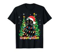 Santa Black Cat Tangled Up in Christmas Tree Lights T-Shirt