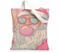Santa Canvas Tote Bags, Fun Holiday Character Pattern Reusable Bags, Colorful Lightweight Washable Shoulder Strap Canvas for Travel Beach Picnic 13x15 Inch