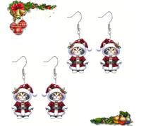 Santa Cat Christmas Earrings, Acrylic Funny Design Lovely Kitten Wearing Hat Dangle Drop Earring, Cute Festive Cats Earrings, for Cat Lovers & Christmas Party Accessories (Red,2Pair)