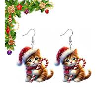 Santa Cat Christmas Earrings, Cute Cat Holding Christmas Tree Xmas Earring for Women Lightweigh Acrylic Funny Design Lovely Kitten Wearing Hat Dangle Drop Earrings, Lightweight & Comfort (Style A)