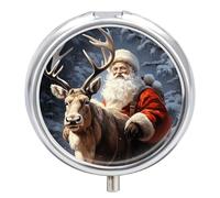 Santa Claus and Deer Elk Pill Box, 3 Compartment Small Pill Case, Metal Round Portable Storage Box Stores Vitamins, Medicines, Fish Oil and Supplements
