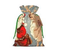 Santa Claus and Deer Elk Printed Christmas Drawstring Bags,S | Reusable Xmas Gift Storage Bags, Green Christmas Ribbon