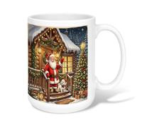 Santa Claus And Puppy Cabin Scene Christmas Ceramic Coffee Mug 15oz | Winter Cabin Scene, Tea Cup, Small White Puppy, Decorated Pine Tree, Warm Glowing Lantern, Snowy Porch