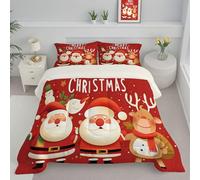 Santa Claus And Reindeer Coverless Duvet Single - Happy New Year Postcard All Season Duvet Cosy & Lightweight Quilt Washable Reversible Comforter with 1 Pillowcases 135x200cm, Red