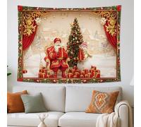 Santa Claus and Snow Man Christmas Tapestry, Red and Green Holiday Wall Hanging, Festive Decor for Living Room, Bedroom, Dorm, Cozy Aesthetic 80x60 Inch