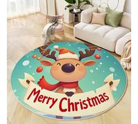 Santa Claus And The Snowman Round Rugs, 120 Cm Red Non-Slip Rug, Cartoon Christmas Prints Washable Rug, Soft Comfortable Carpet Suitable For Living Room, Bedroom And Children'S Room