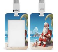 Santa Claus at Beach Badge Holders with Push-Pull Slot&Lanyard Waterproof Plastic Vertical Work ID Card Holder Portable Travel Document Protector Detachable Card Protector