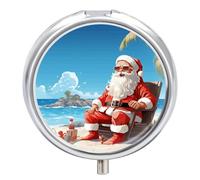 Santa Claus at Beach Pill Box, 3 Compartment Small Pill Case, Metal Round Portable Storage Box Stores Vitamins, Medicines, Fish Oil and Supplements