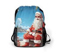 Santa Claus at Beach Sports Drawstring Backpack,Packsack with Shoe Compartment And Wet Proof Pocket for Youth