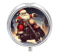 Santa Claus Biker Riding Small Pill Case Round Weekly Pills Organizer with Mirror 3 Compartments Portable Travel Daily Pills Container Cute Pill Box for Fish Oil Supplement