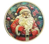 Santa Claus Christmas Commemorative Coin, Colorful Embossed Holiday Coin with Festive Background and Merry Christmas Inscription, Gold-Tone Decorative Collectible Metal Coin, 4cm Iron Medallion