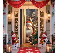 Santa Claus Christmas Door Cover Decoration 78.74 × 35.43 inch, Xmas Door Backdrop with Self-Adhesive Hook and Loop Strips, Christmas Party Door Hanging Cover for Inside Outside