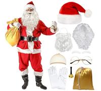 Santa Claus Costume Accessories, 8 PCS Father Christmas Fancy Dress, Father Christmas Costum with Hat Wig Beard Gloves Glasses Eyebrows Santa Sack Bell, Christma-s Santa Costume Set for Christma-s
