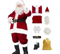 Santa Claus Costume for Men Deluxe Adult Santa Suit Red 10pcs Professional Christmas Clause Outfit Xmas Cosplay Party Costume Christmas Suits for Men Uk Adult Tree Fancy Dress Adults Kids Deluxe