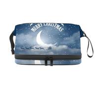Santa Claus Flying in his Sleigh on Starry Sky Clouds Double Layer Cosmetic Bag for Women and Girls, Travel Toiletry Bag Makeup Handy Pouch Organiser Bag with Brush Compartment