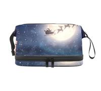 Santa Claus Flying in his Sleigh Over Starry Night Roof Double Layer Cosmetic Bag for Women and Girls, Travel Toiletry Bag Makeup Handy Pouch Organiser Bag with Brush Compartment