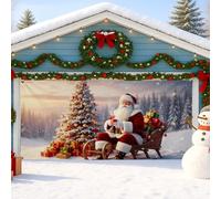 Santa Claus Garage Door Cover, Festive Winter Wonderland Decorations, Red and Green Christmas Outdoor Decor for Holiday Season 157x71 Inch