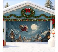 Santa Claus Garage Door Cover, Winter Wonderland Christmas Decor, Blue Snowy Scene, Holiday Outdoor Decoration 157x71 Inch