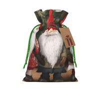 Santa Claus Gnomes Printed Christmas Drawstring Bags Reusable Xmas Bag for Party Xmas Gift Wrapping, Green Ribbon, S