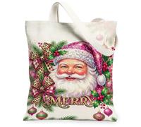 Santa Claus Holiday Quote Christmas Canvas Tote Bag 13x15 Inch | Leopard Print Bows, Holly Berries, Pine Greenery, Seasonal Character Art, Festive Holiday Aesthetic