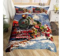 Santa Claus Kids Duvet Cover Set Twin Size,Choochoo Retro Steam Locomotive Train Bedding Set,Girls Boys Women Room Decor,Snowflake Merry Christmas Red Xmas Quilt Cover,1 Pillowcase(No Comforter)