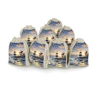 Santa Claus Lighthouse 8 Pack Drawstring Bag, Cotton Hemp Bunches Pocket | Reusable Jewelry Pouches for Women, Durable Gift Wrap Bags for Men, Washable Wedding Storage 4.9x6.7 inches
