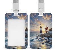 Santa Claus Lighthouse Badge Holder Waterproof Plastic ID Card Badge Holders with Lanyard Vertical Card Case Protector Pouch Clear Window Work Badges for Women Men