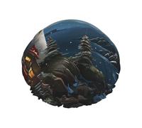 Santa Claus Lighthouse Shower Cap Reusable Double Layered Bath Cap Waterproof Hair Cap with Elastic Band Bathing Hat Spa Salon Shower Hat for Women Men