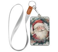 Santa Claus on A Wreath Watercolor Style Leather Badge Card Holder with Lanyard and 3-Card Capacity Name Card Holder for Staffs Officers Students Doctors Employees