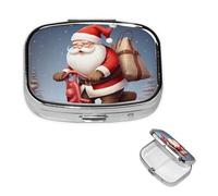 Santa Claus On Scooter Square Metal Pill Box 2 Compartment Cute Travel Pill Organizer Case Portable Medicine Vitamin Organizer Pill Case for Women Men Travel Unique Gift