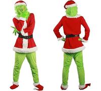 Santa Claus Outfit Generic Christmas Grinch Costumes for Adults,7Pieces, Green Monster Santa Suit, Cosplay Holiday Set Xmas Suit with Mask, Hat, Coat, Belt, Pants,Socks and Gloves XL