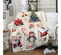 Santa Claus Print Soft Cozy Sherpa Fleece Blanket for - Cartoon Style Fluffy Beige Throw Double Size - 150x200 cm Poinsettia Print Thick Warm Blankets for Winter, Autumn, Bed, Sofa A156
